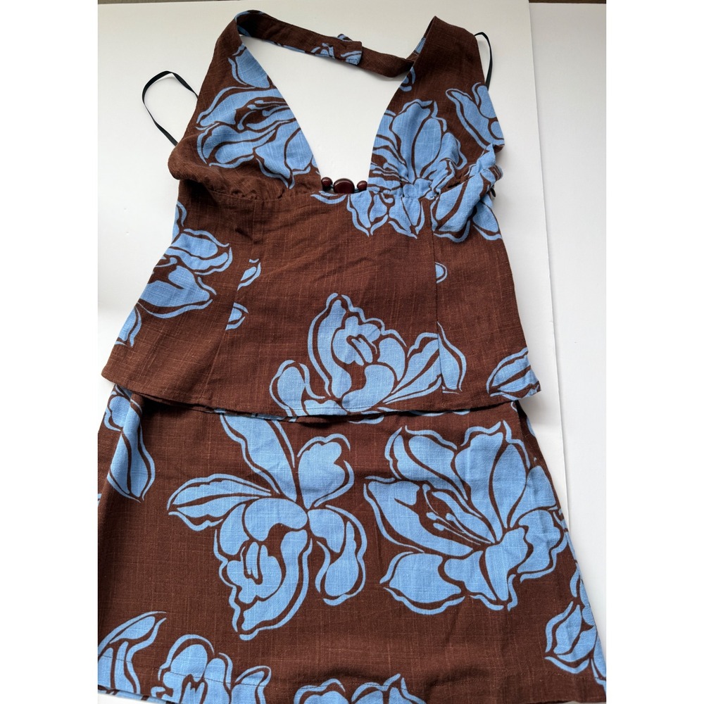 Paper Heart Womens Linen Blend 2 Piece Set Brown Blue Floral Halter Top Skirt S